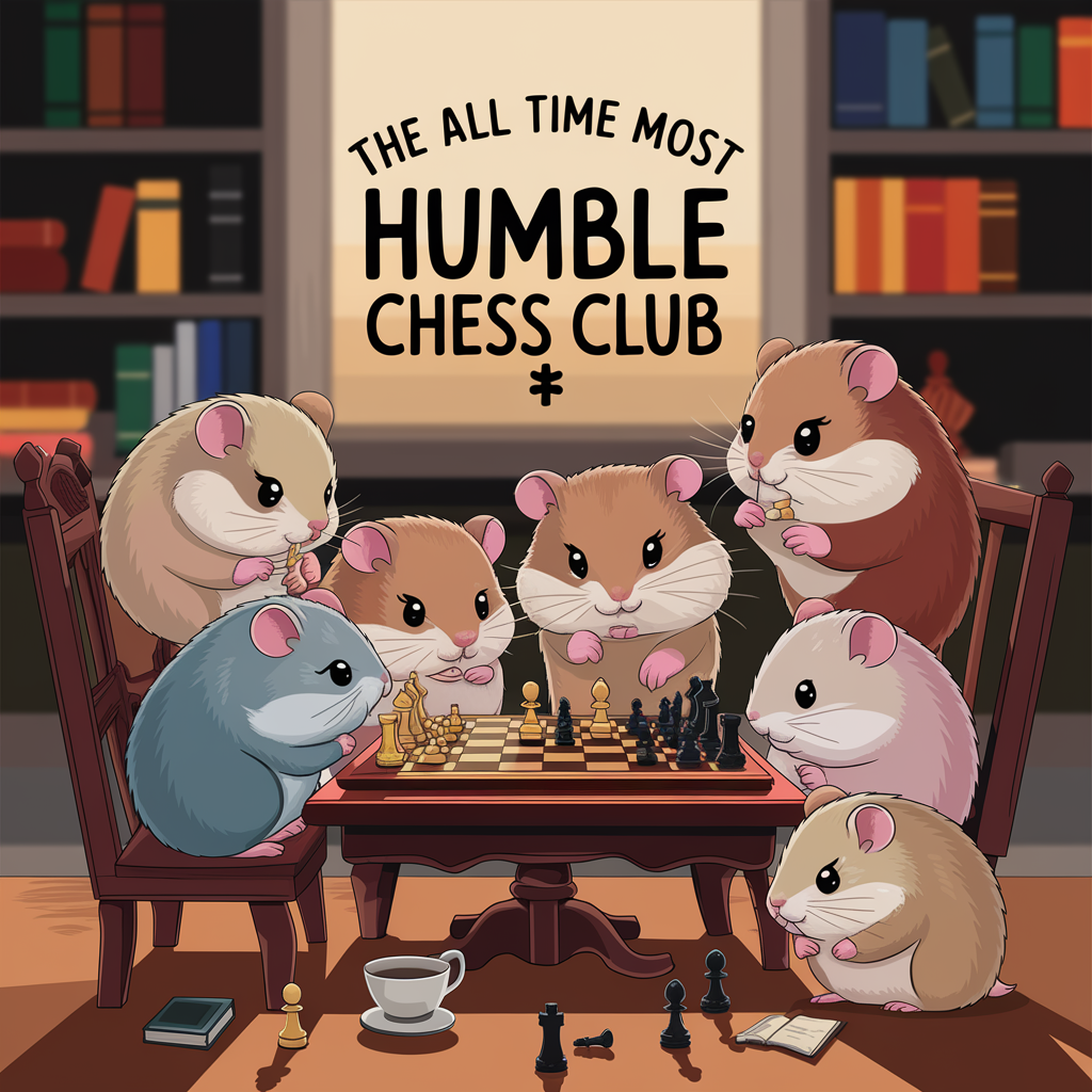 A group of animated hamsters gathered around a chess board playing chess.